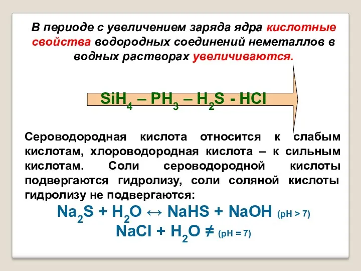 В периоде с увеличением заряда ядра кислотные свойства водородных соединений