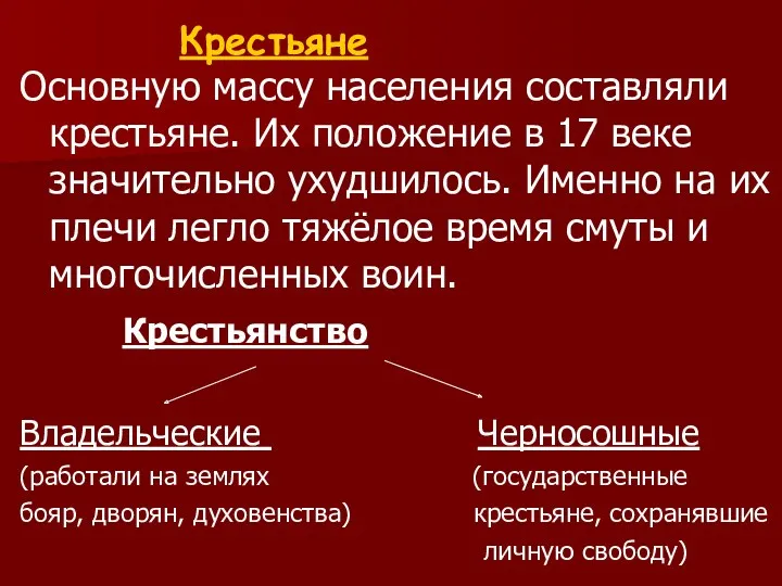 Крестьяне Основную массу населения составляли крестьяне. Их положение в 17