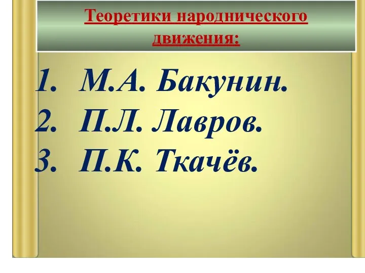 М.А. Бакунин. П.Л. Лавров. П.К. Ткачёв. Теоретики народнического движения: