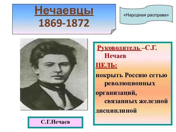 Нечаевцы 1869-1872 С.Г.Нечаев Руководитель –С.Г.Нечаев ЦЕЛЬ: покрыть Россию сетью революционных организаций, связанных железной дисциплиной «Народная расправа»