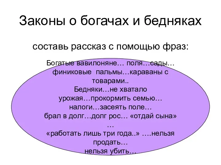 Законы о богачах и бедняках составь рассказ с помощью фраз: