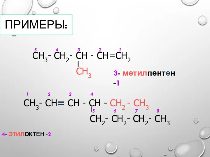 ПРИМЕРЫ: 4- ЭТИЛОКТЕН -2 СН3- СН2- СН - СН=СН2 СН3