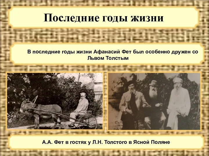 Последние годы жизни В последние годы жизни Афанасий Фет был особенно дружен со