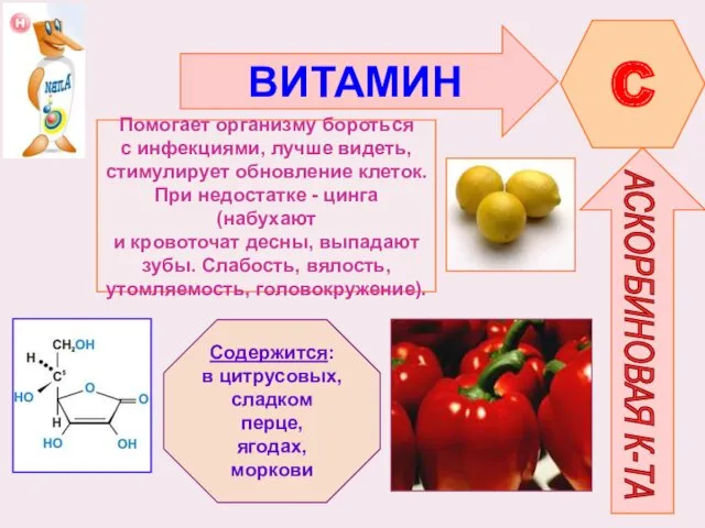 ВИТАМИН C АСКОРБИНОВАЯ К-ТА Помогает организму бороться с инфекциями, лучше видеть, стимулирует обновление