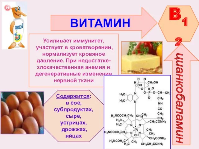 ВИТАМИН B12 цианкобаламин Усиливает иммунитет, участвует в кроветворении, нормализует кровяное давление. При недостатке-