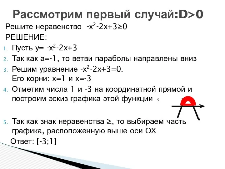 Рассмотрим первый случай:D>0 Решите неравенство -х2-2х+3≥0 РЕШЕНИЕ: Пусть у= -х2-2х+3