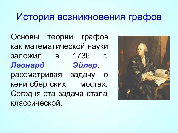 История возникновения графов Основы теории графов как математической науки заложил в 1736 г.