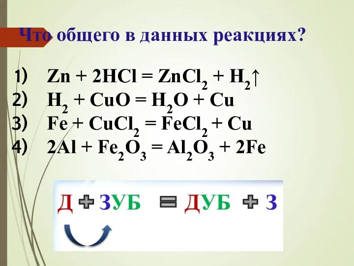 Что общего в данных реакциях? Zn + 2HCl = ZnCl2