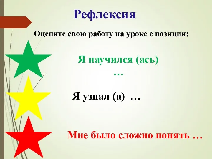 Рефлексия Оцените свою работу на уроке с позиции: Я научился