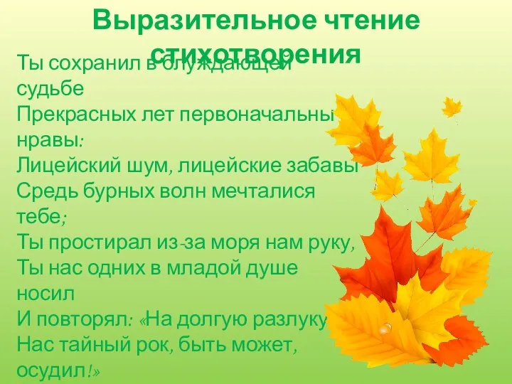 Выразительное чтение стихотворения Ты сохранил в блуждающей судьбе Прекрасных лет