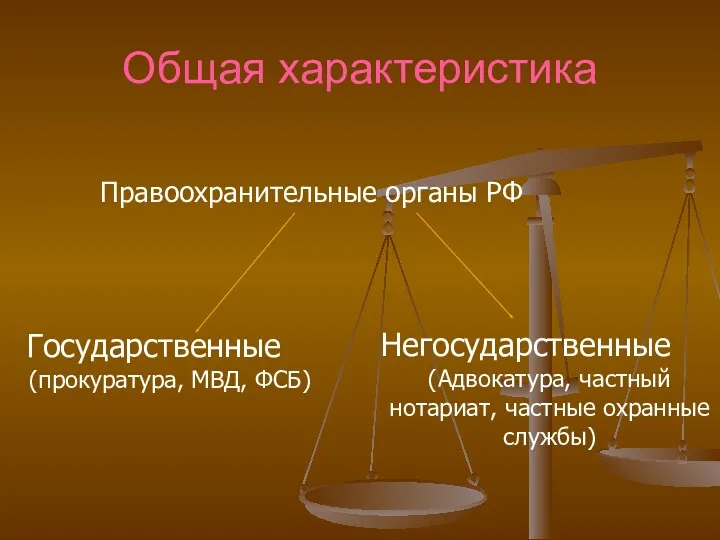 Общая характеристика Правоохранительные органы РФ Негосударственные (Адвокатура, частный нотариат, частные охранные службы) Государственные (прокуратура, МВД, ФСБ)