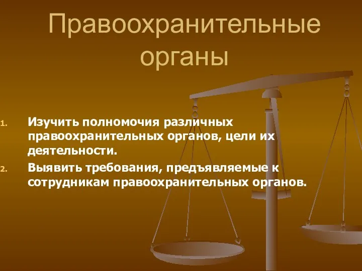 Правоохранительные органы Изучить полномочия различных правоохранительных органов, цели их деятельности.