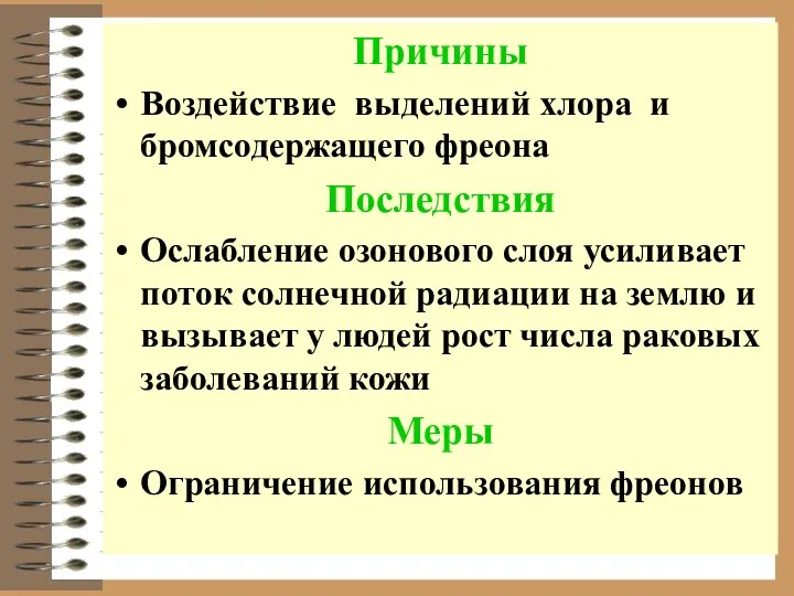 Причины Воздействие выделений хлора и бромсодержащего фреона Последствия Ослабление озонового