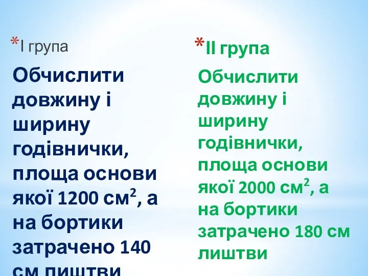 І група Обчислити довжину і ширину годівнички, площа основи якої