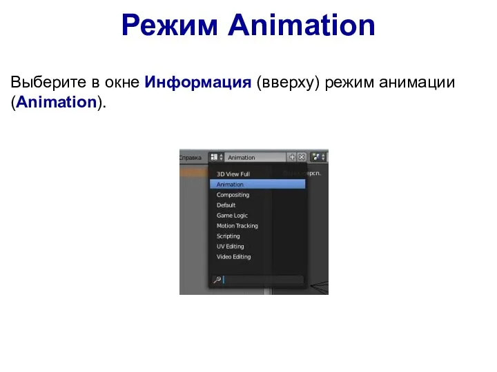 Режим Animation Выберите в окне Информация (вверху) режим анимации (Animation).