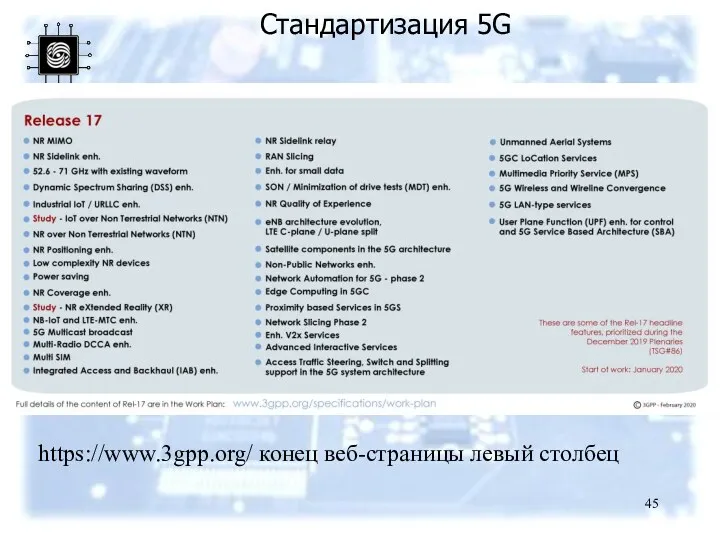 Стандартизация 5G https://www.3gpp.org/ конец веб-страницы левый столбец