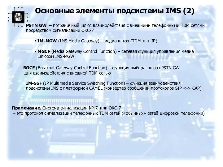 Основные элементы подсистемы IMS (2) PSTN GW – пограничный шлюз