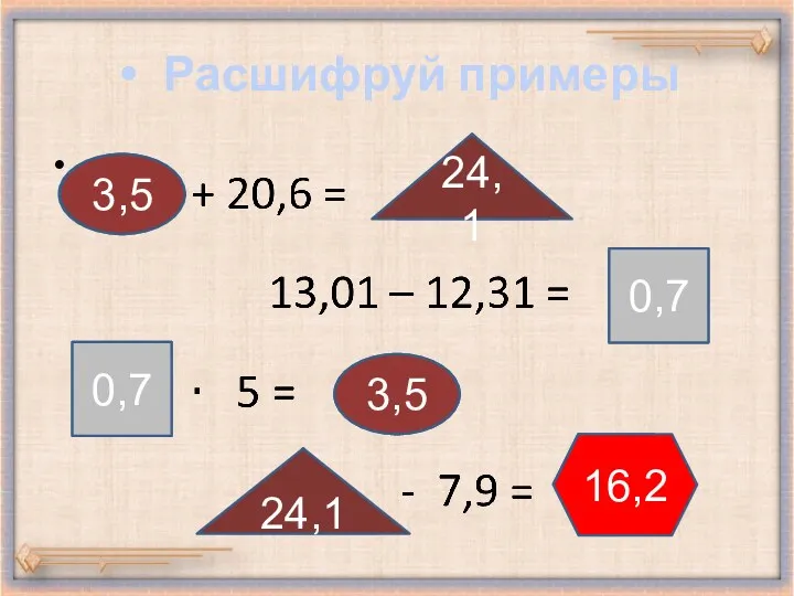 Расшифруй примеры 0,7 0,7 3,5 3,5 24,1 24,1 16,2