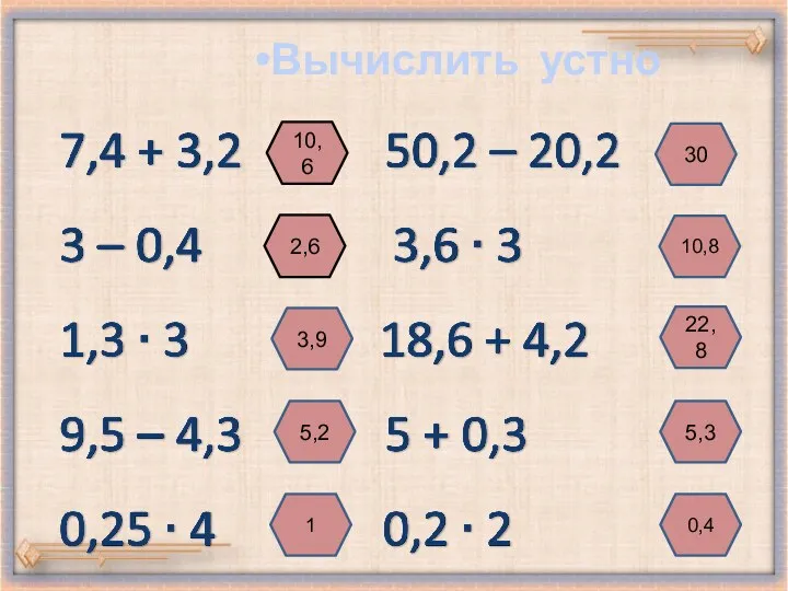 Вычислить устно 10,6 3,9 5,2 1 30 10,8 22,8 5,3 0,4 2,6