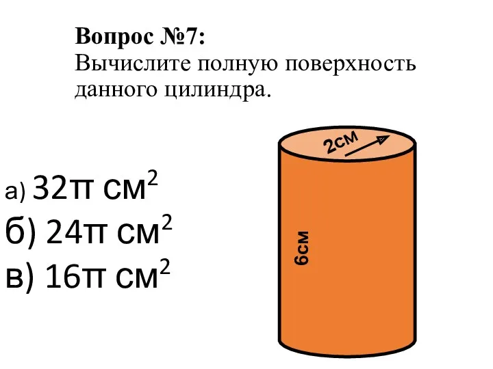 Вопрос №7: Вычислите полную поверхность данного цилиндра. а) 32π см2