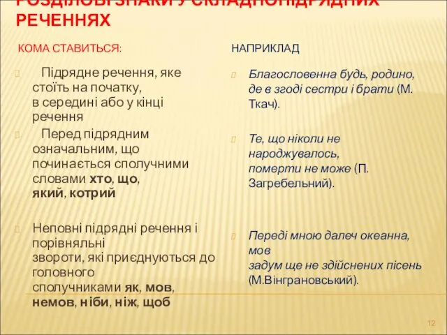 РОЗДІЛОВІ ЗНАКИ У СКЛАДНОПІДРЯДНИХ РЕЧЕННЯХ КОМА СТАВИТЬСЯ: НАПРИКЛАД Підрядне речення,