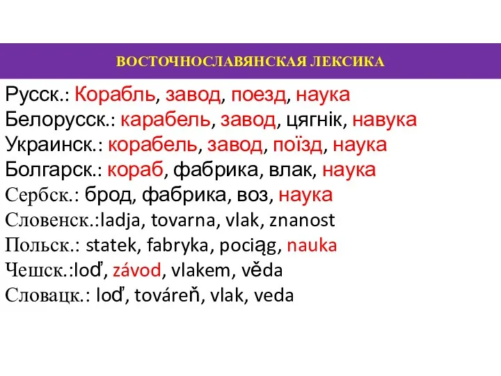 ВОСТОЧНОСЛАВЯНСКАЯ ЛЕКСИКА Русск.: Корабль, завод, поезд, наука Белорусск.: карабель, завод,