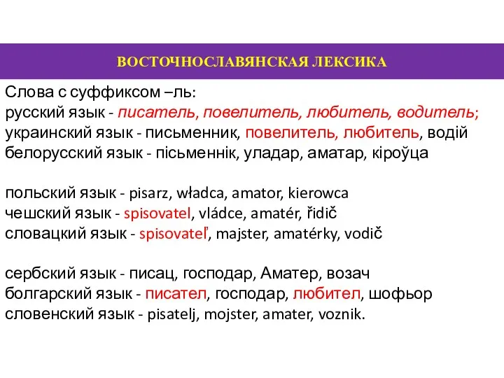 ВОСТОЧНОСЛАВЯНСКАЯ ЛЕКСИКА Слова с суффиксом –ль: русский язык - писатель,