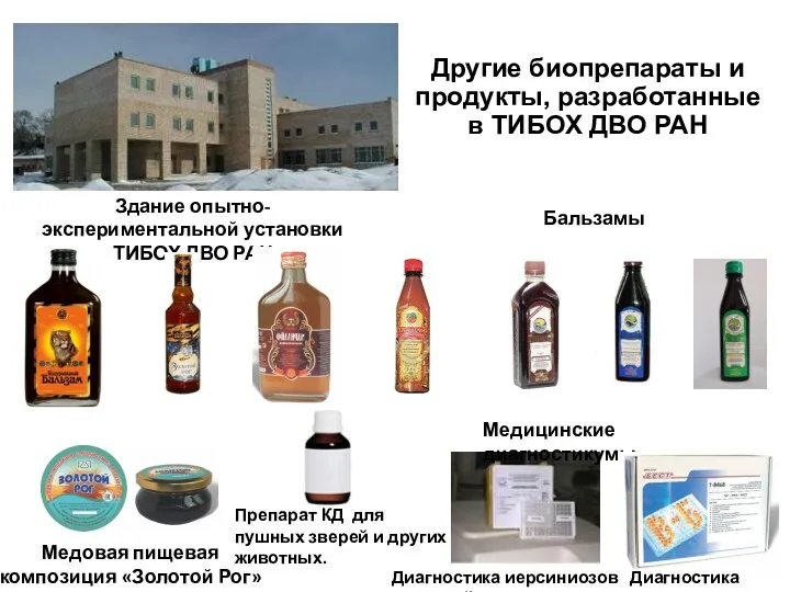 Другие биопрепараты и продукты, разработанные в ТИБОХ ДВО РАН Здание опытно-экспериментальной установки ТИБОХ
