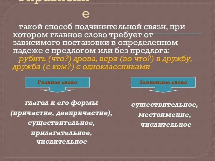 Управление такой способ подчинительной связи, при котором главное слово требует