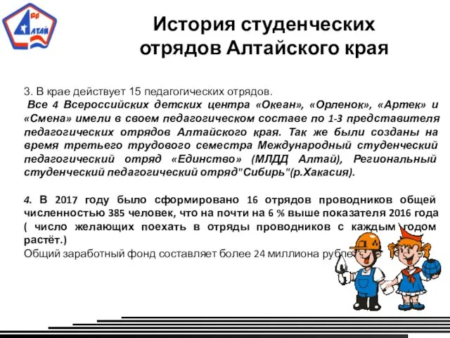 История студенческих отрядов Алтайского края 3. В крае действует 15 педагогических отрядов. Все