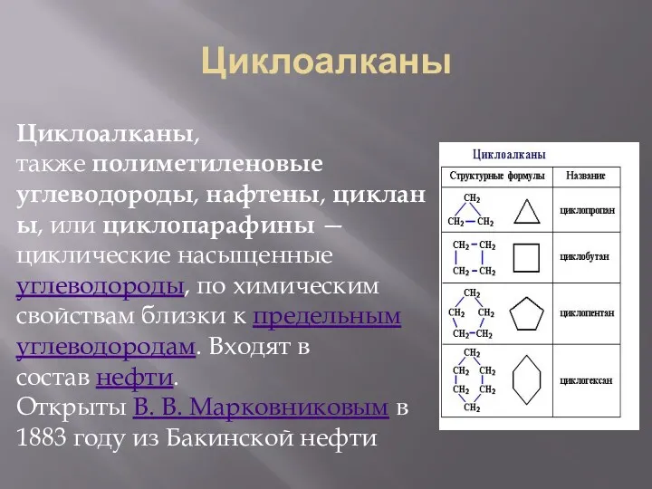 Циклоалканы Циклоалканы, также полиметиленовые углеводороды, нафтены, цикланы, или циклопарафины —