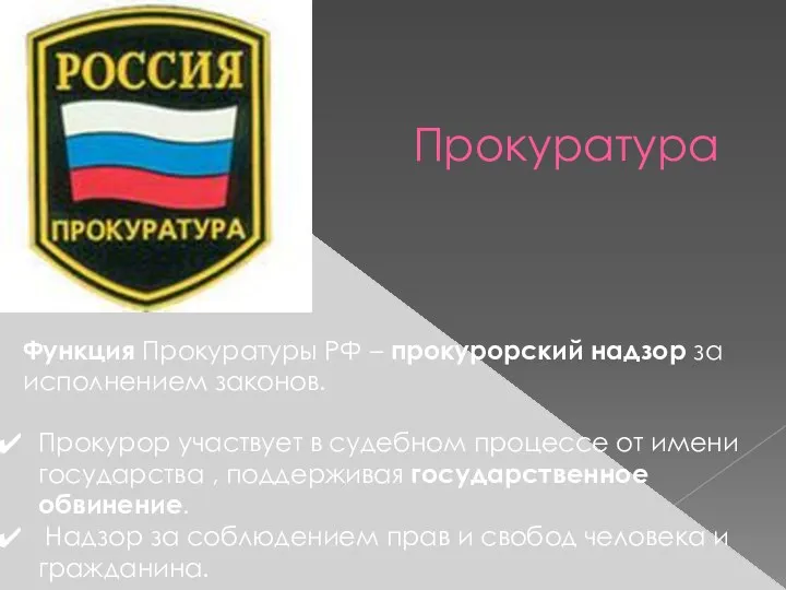 Прокуратура Функция Прокуратуры РФ – прокурорский надзор за исполнением законов.