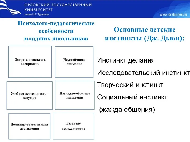 Психолого-педагогические особенности младших школьников Основные детские инстинкты (Дж. Дьюи): Инстинкт