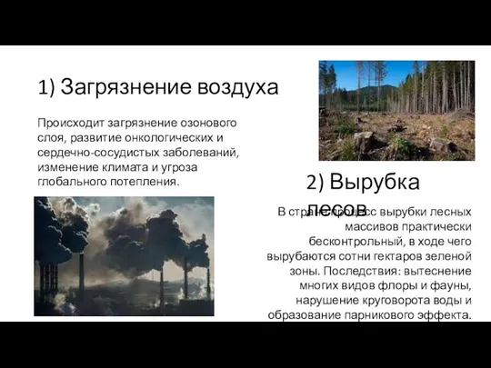 1) Загрязнение воздуха Происходит загрязнение озонового слоя, развитие онкологических и