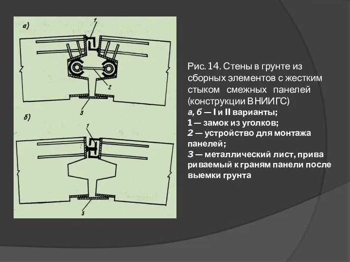 Рис. 14. Стены в грунте из сборных элементов с же­стким