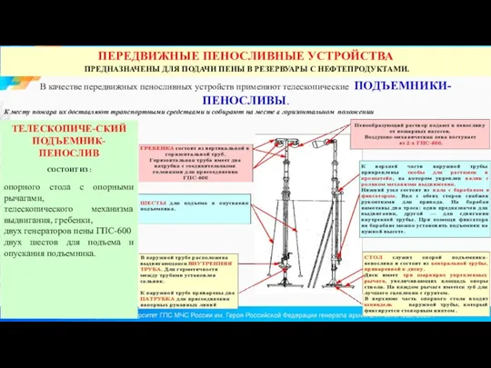В качестве передвижных пеносливных устройств применяют телескопические ПОДЪЕМНИКИ-ПЕНОСЛИВЫ. К месту