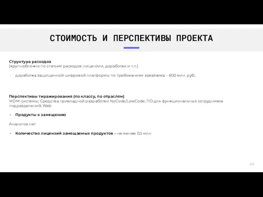 СТОИМОСТЬ И ПЕРСПЕКТИВЫ ПРОЕКТА Перспективы тиражирования (по классу, по отраслям)