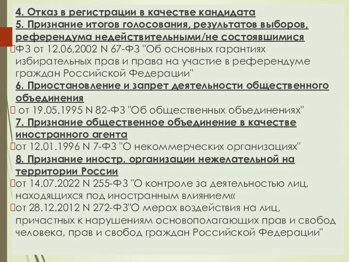 4. Отказ в регистрации в качестве кандидата 5. Признание итогов