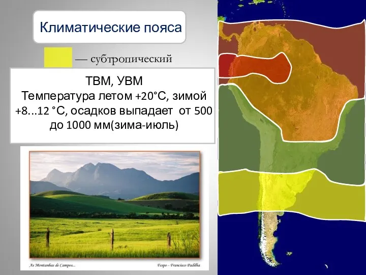 — субтропический Климатические пояса ТВМ, УВМ Температура летом +20°С, зимой