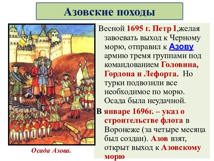 Весной 1695 г. Петр I,желая завоевать выход к Черному морю,