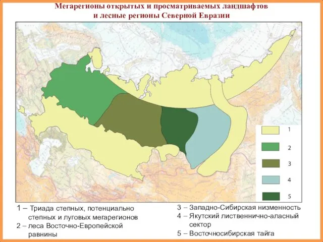 1 – Триада степных, потенциально степных и луговых мегарегионов 2 – леса Восточно-Европейской