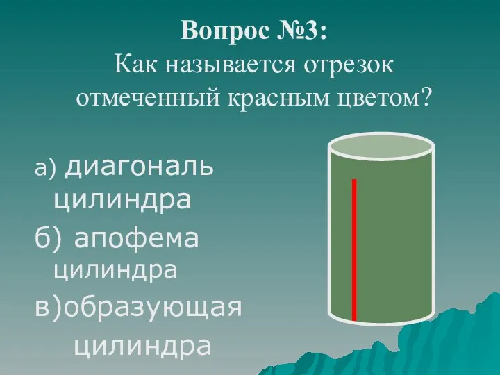 Вопрос №3: Как называется отрезок отмеченный красным цветом? а) диагональ цилиндра б) апофема цилиндра в)образующая цилиндра