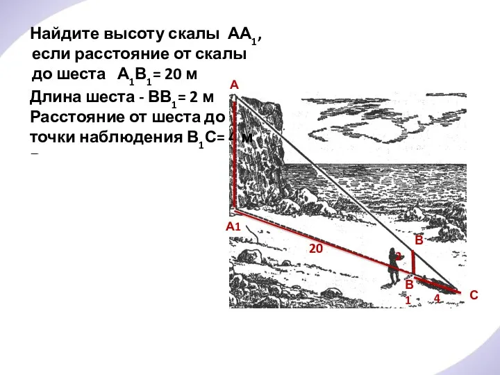 Найдите высоту скалы АА1, если расстояние от скалы до шеста