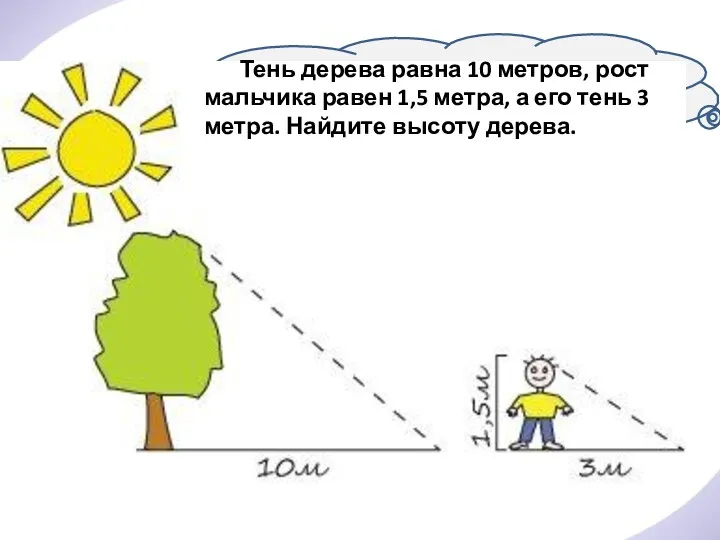 Тень дерева равна 10 метров, рост мальчика равен 1,5 метра,