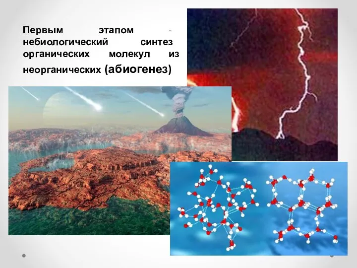 Первым этапом - небиологический синтез органических молекул из неорганических (абиогенез)