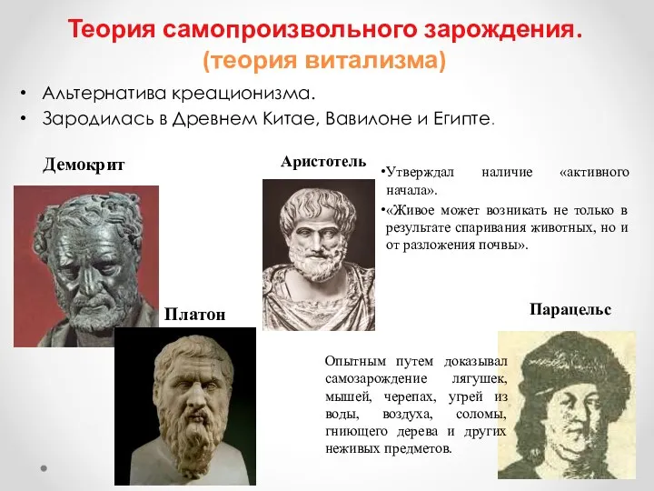 Альтернатива креационизма. Зародилась в Древнем Китае, Вавилоне и Египте. Теория самопроизвольного зарождения. (теория