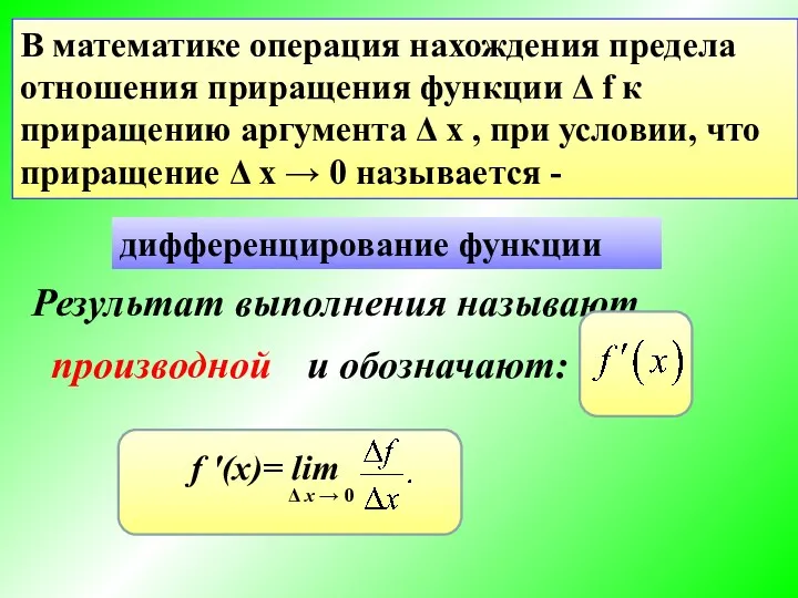 В математике операция нахождения предела отношения приращения функции Δ f