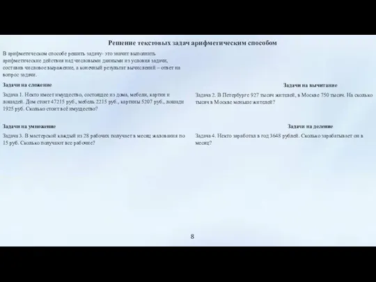 8 Решение текстовых задач арифметическим способом В арифметическом способе решить