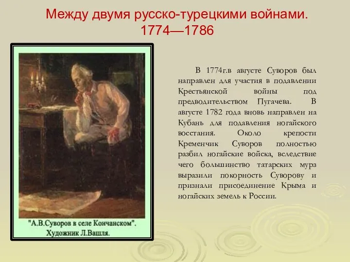 Между двумя русско-турецкими войнами. 1774—1786 В 1774г.в августе Суворов был направлен для участия