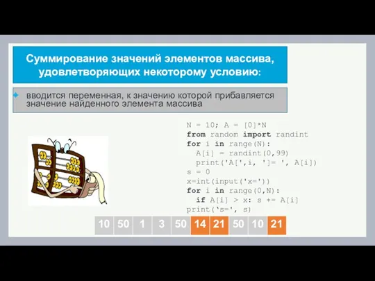 Суммирование значений элементов массива, удовлетворяющих некоторому условию: вводится переменная, к